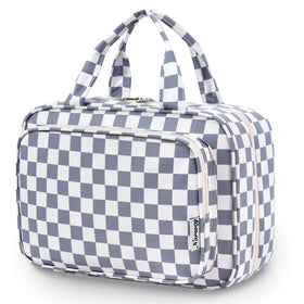 Narwey Travel Toiletry Bag front view in grayish blue checkerboard