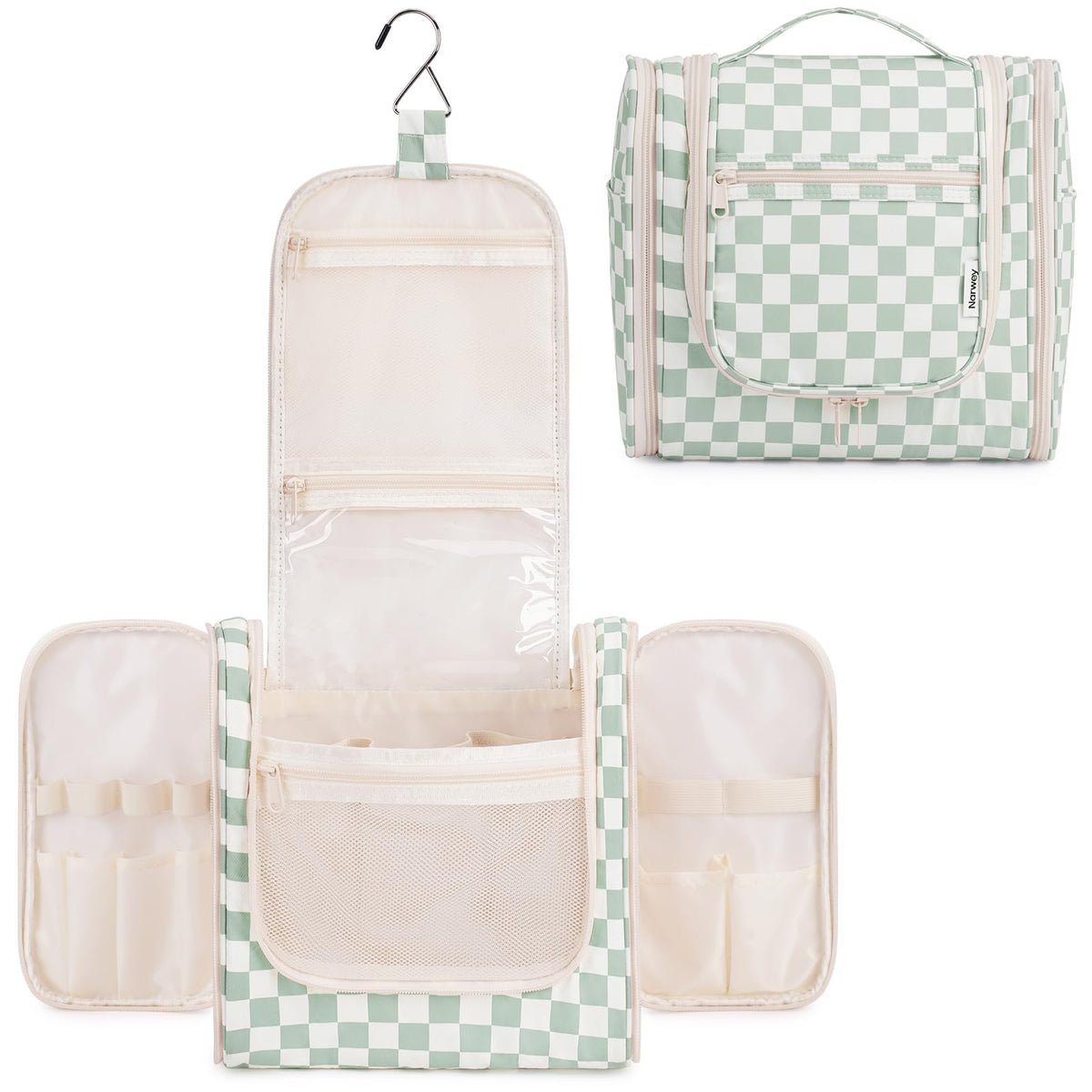 Narwey Travel Toiletry Bag front view in mint green checkerboard