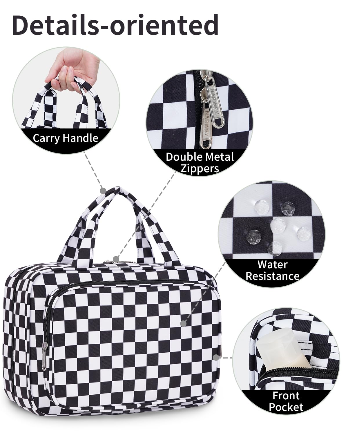 Narwey Travel Toiletry Bag Large Black Checkerboard with zippers