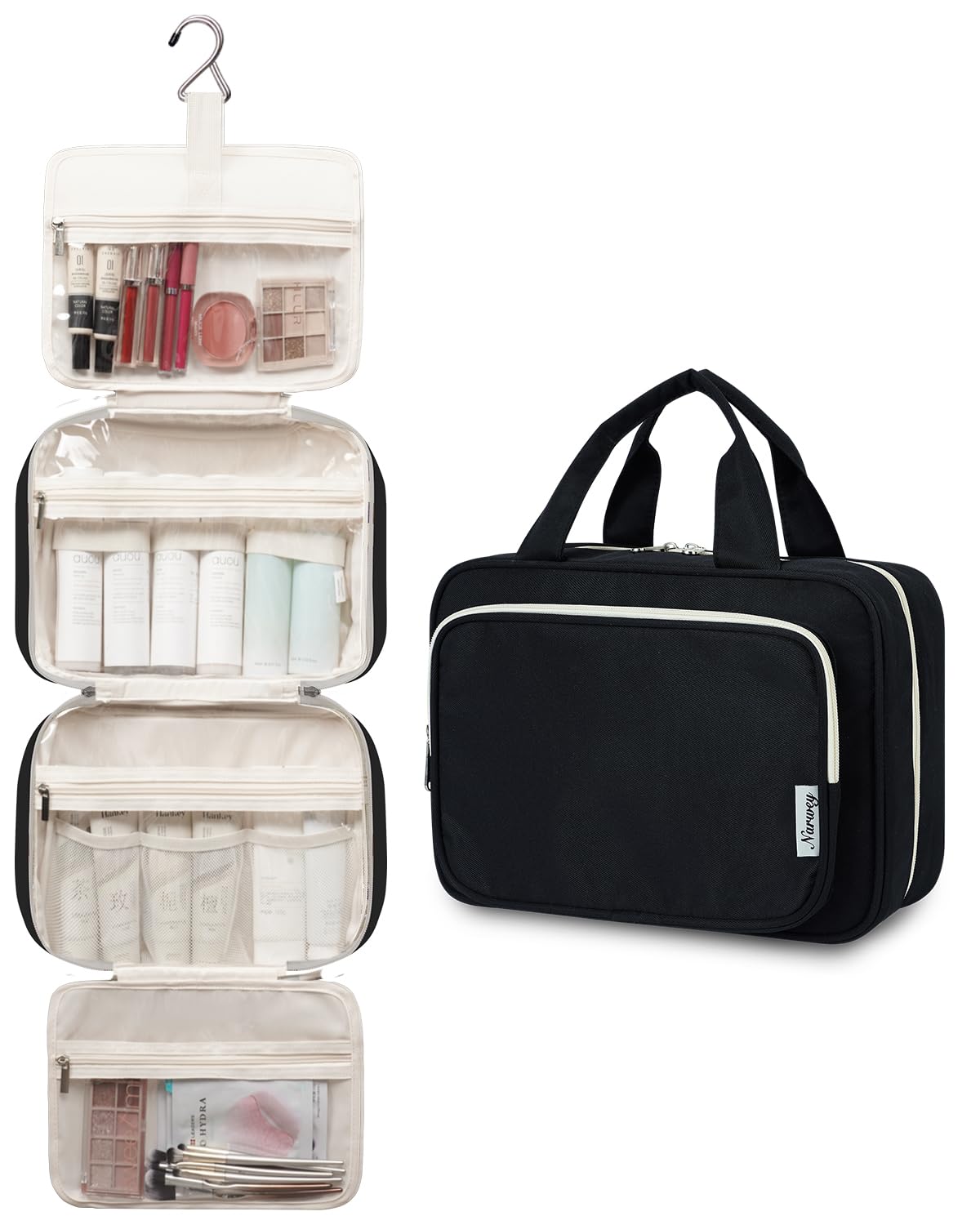 Narwey Travel Toiletry Bag large black opened showing compartments