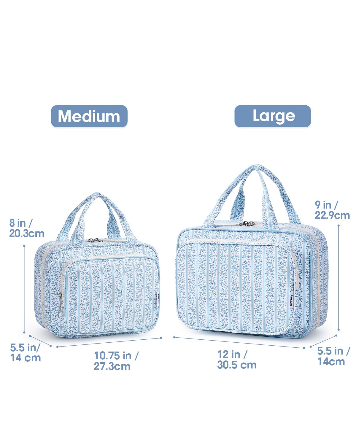 Narwey Travel Toiletry Bag Large Blue Flower Buds hanging from hook