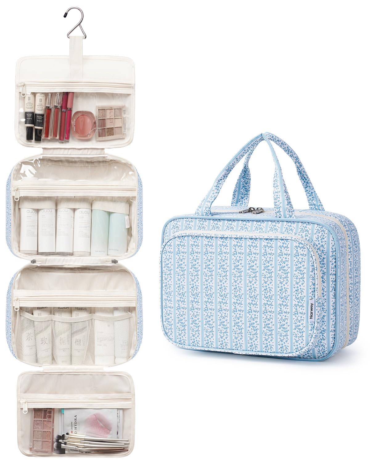 Narwey Travel Toiletry Bag Large Blue Flower Buds side view