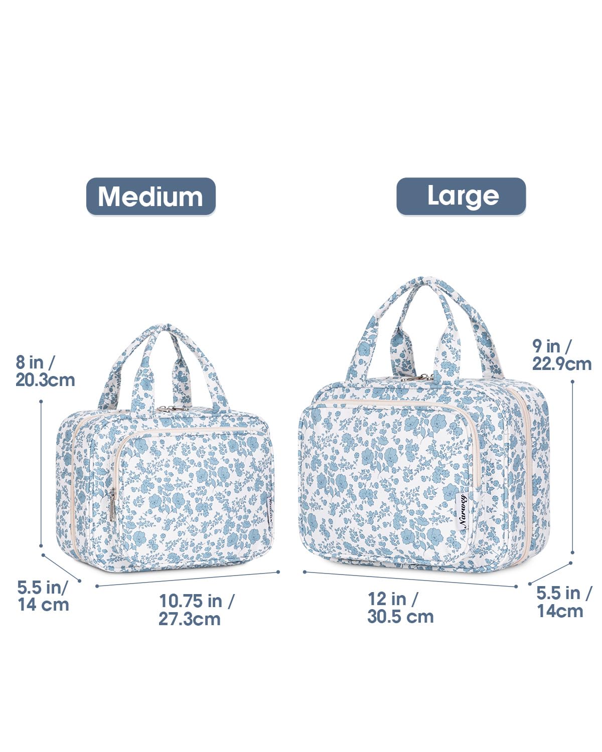 Narwey Travel Toiletry Bag large blue flower open showing compartments