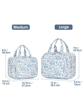 Narwey Travel Toiletry Bag large blue flower open showing compartments
