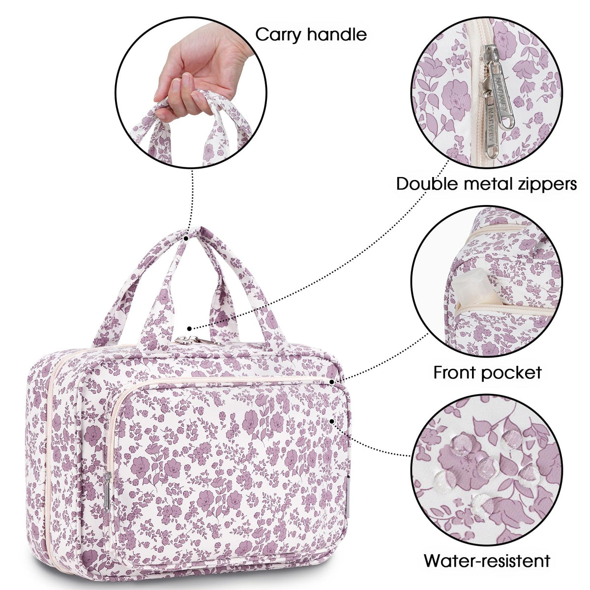 Narwey Travel Toiletry Bag Large Dusty Pink Flower close-up of zipper