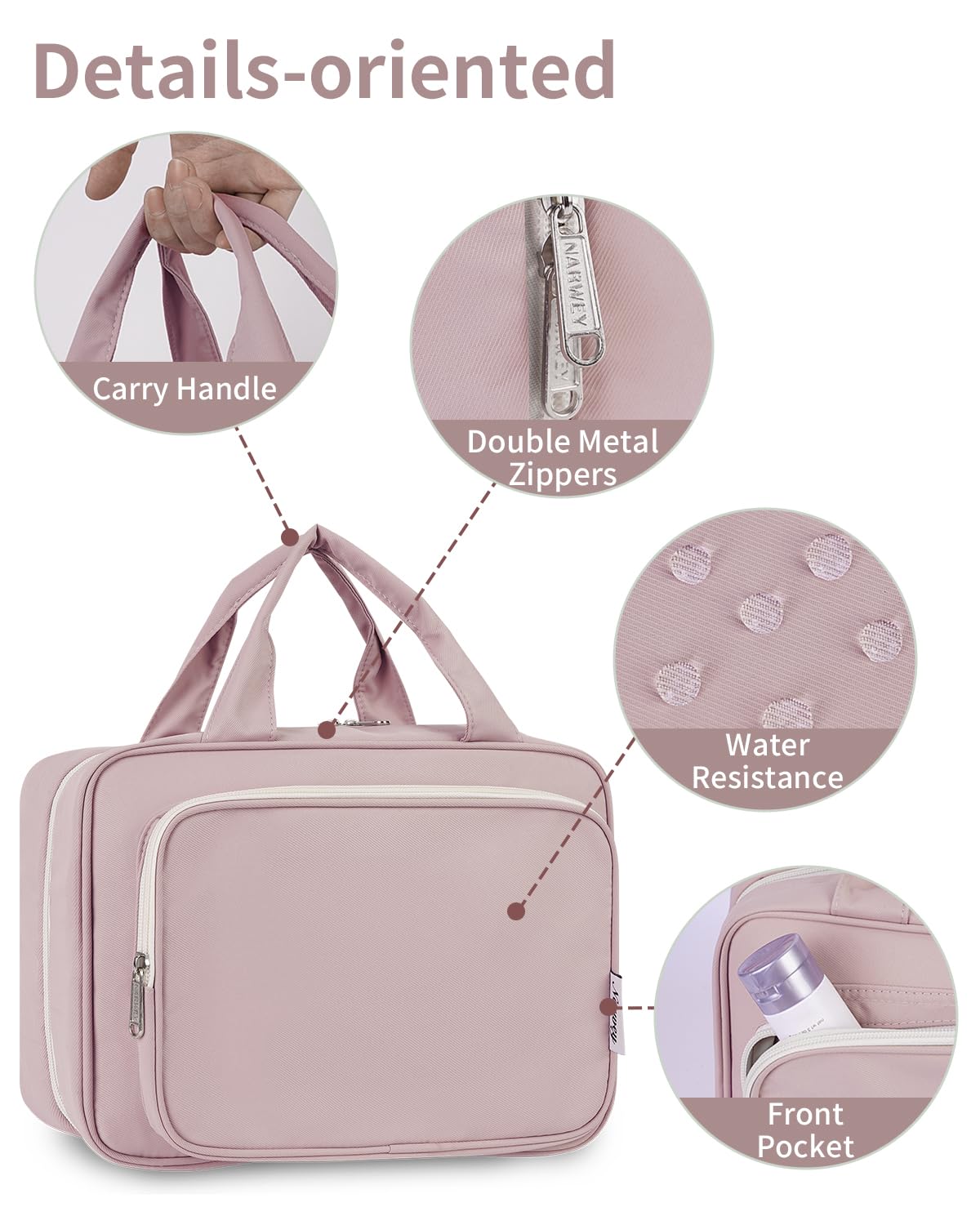 Narwey Travel Toiletry Bag Large Dusty Rose in a travel setting