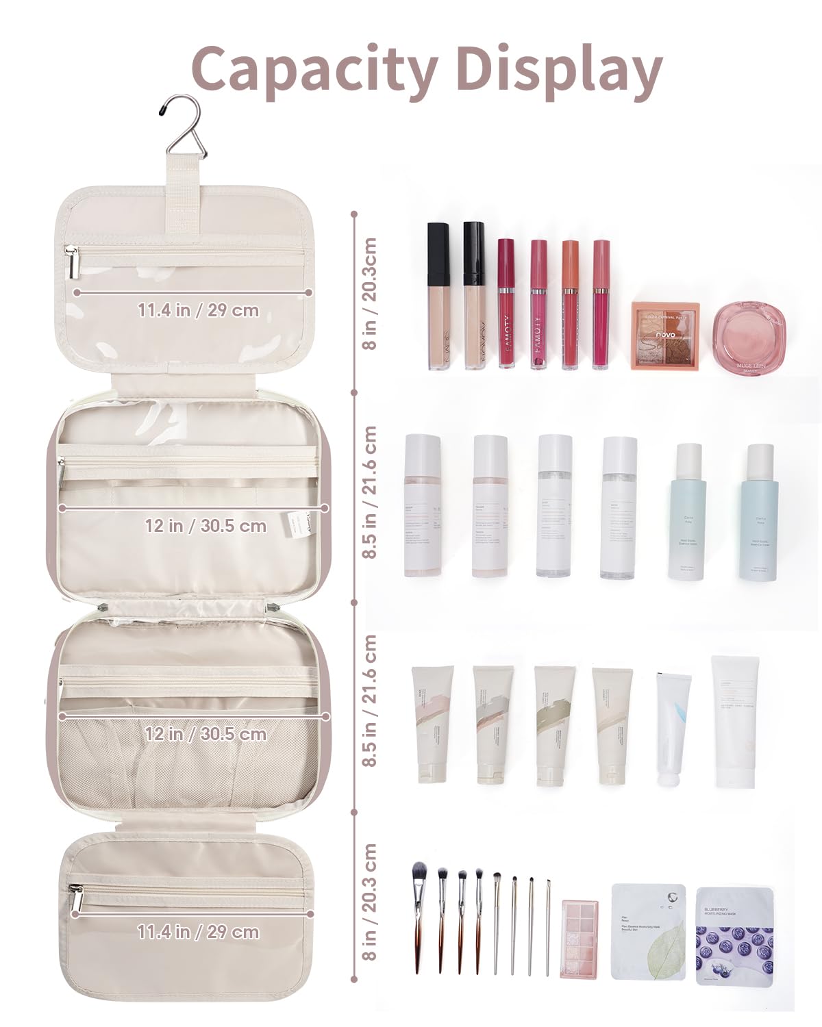Narwey Travel Toiletry Bag Large Dusty Rose with toiletries inside