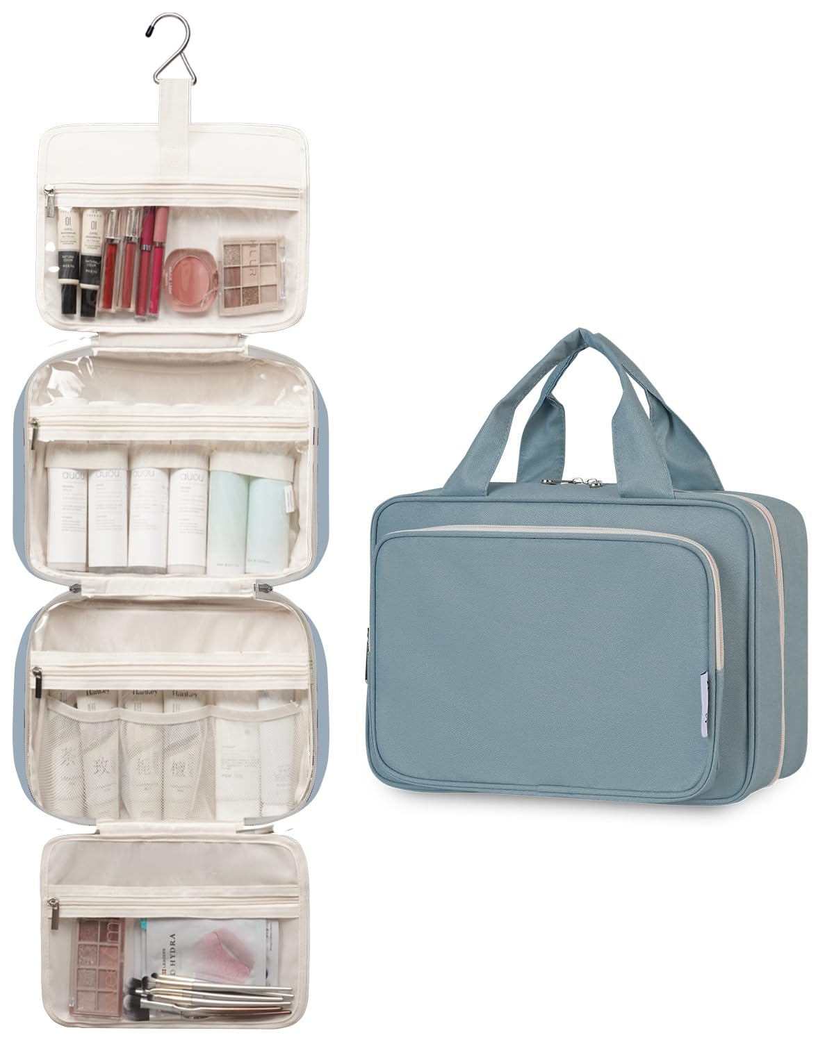 Narwey Travel Toiletry Bag large greyish blue open with compartments