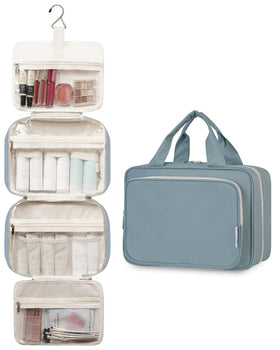 Narwey Travel Toiletry Bag large greyish blue open with compartments
