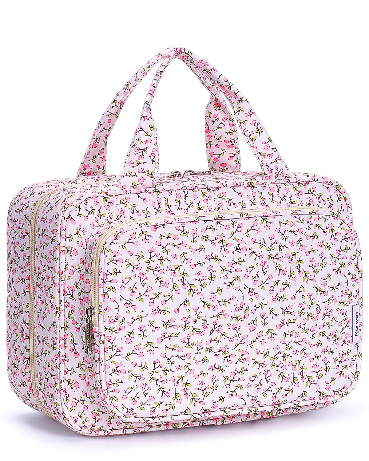 Narwey Travel Toiletry Bag Large Hanging Makeup Organizer front view in Pink Flower