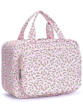 Narwey Travel Toiletry Bag Large Hanging Makeup Organizer front view in Pink Flower