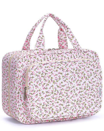 Narwey Travel Toiletry Bag Large Hanging Makeup Organizer front view in Pink Flower
