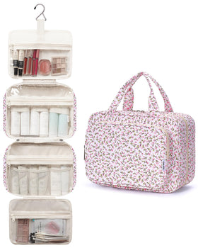 Narwey Travel Toiletry Bag Large Hanging Makeup Organizer hanging from a towel rack