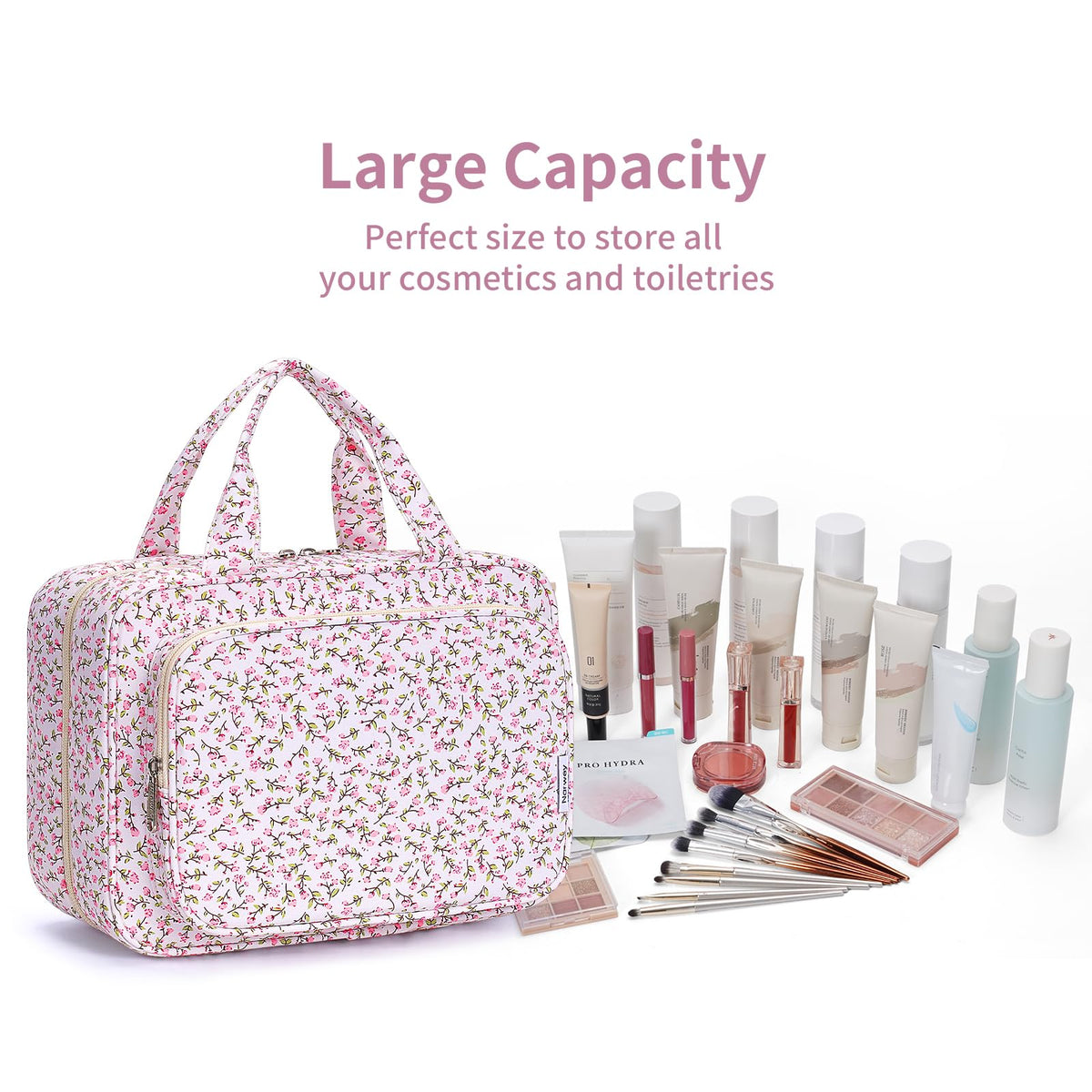 Narwey Travel Toiletry Bag Large Hanging Makeup Organizer on a bathroom counter