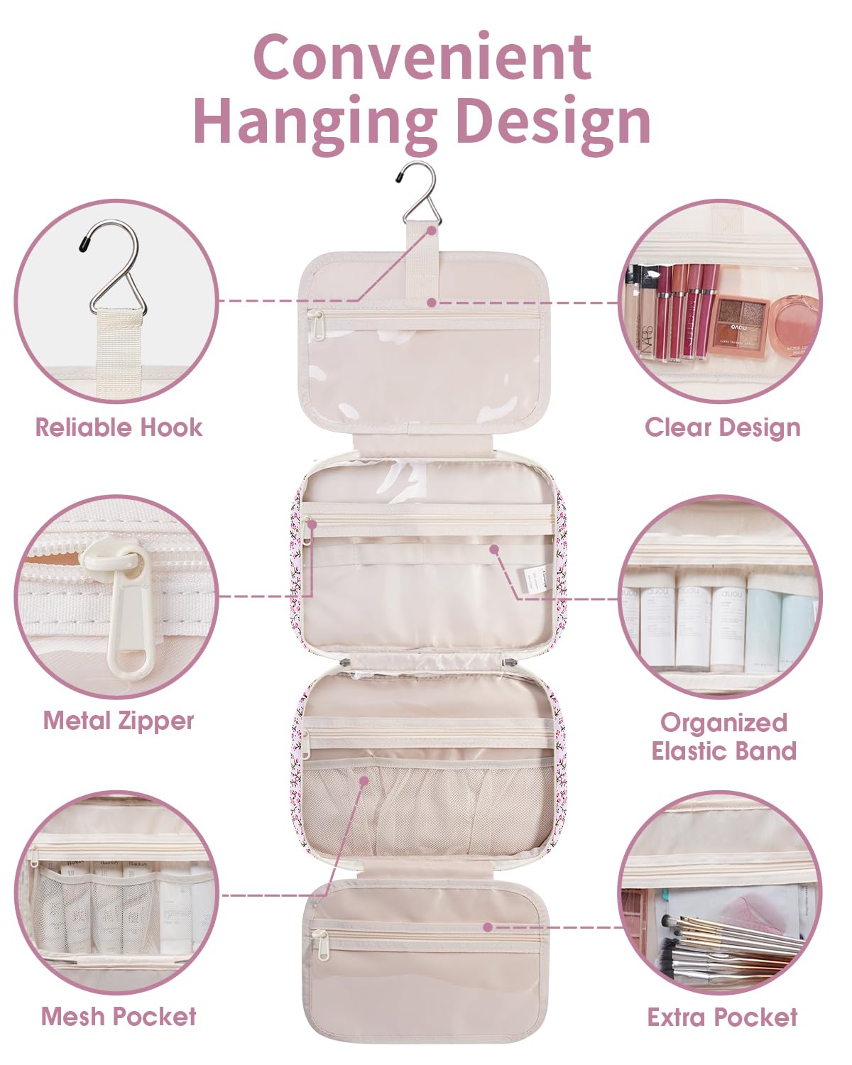 Narwey Travel Toiletry Bag Large Hanging Makeup Organizer open showing organized compartments