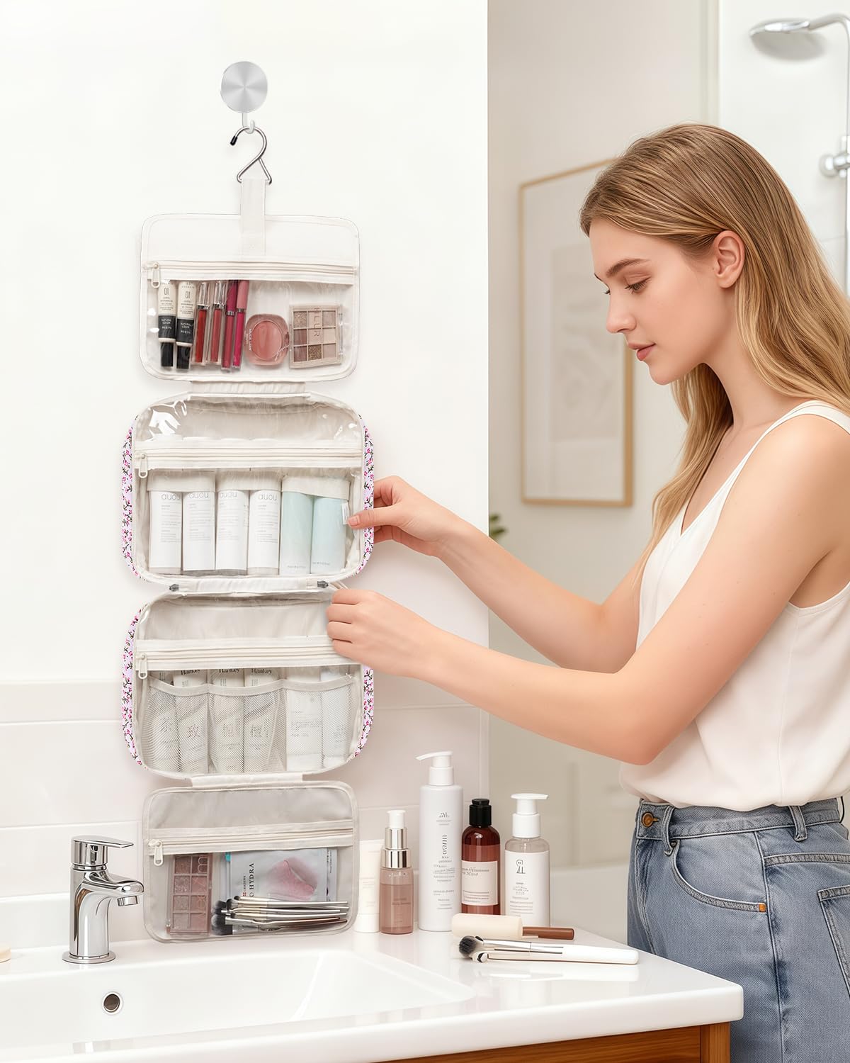 Narwey Travel Toiletry Bag Large Hanging Makeup Organizer with cosmetics displayed