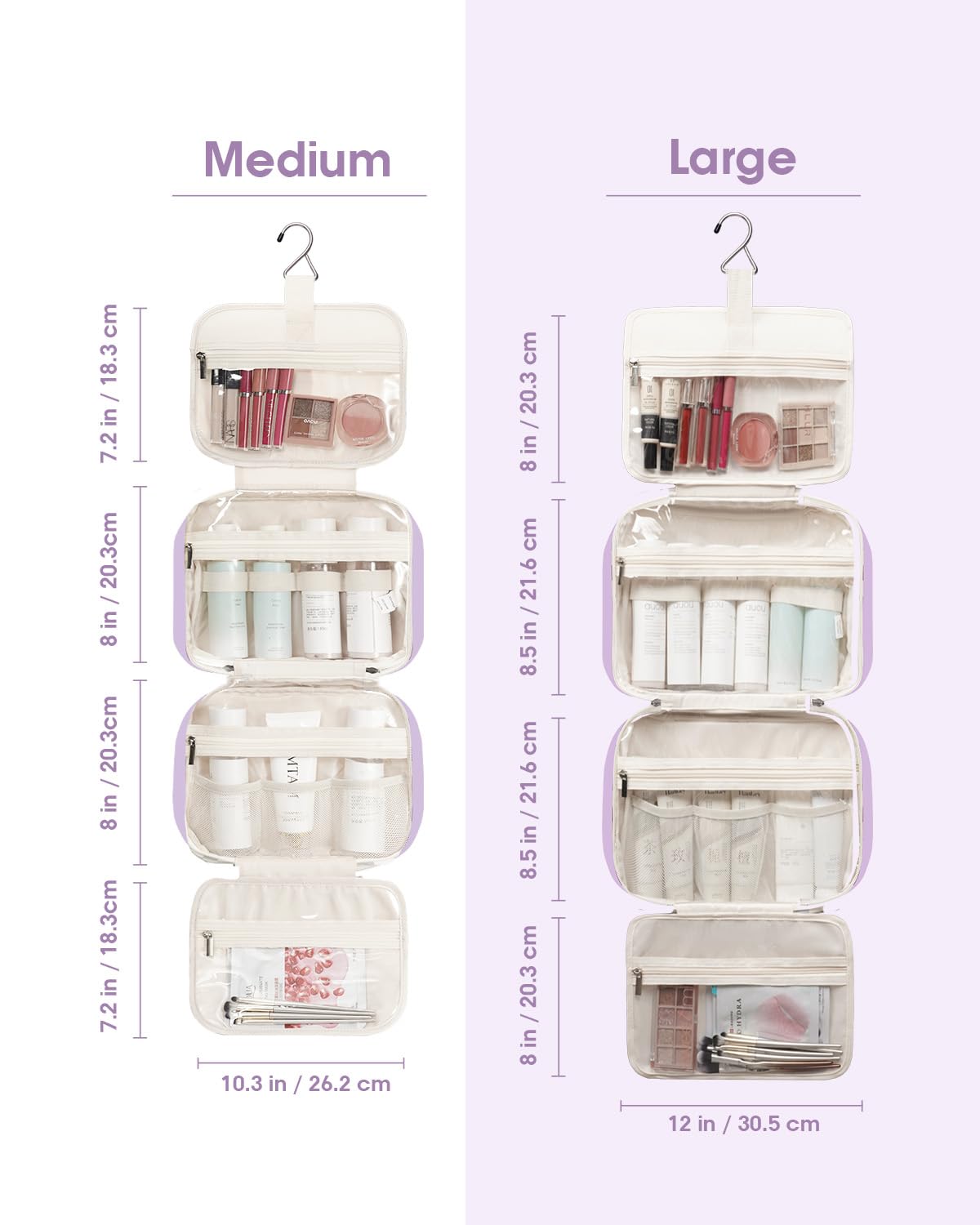 Narwey Travel Toiletry Bag large purple hanging from a hook