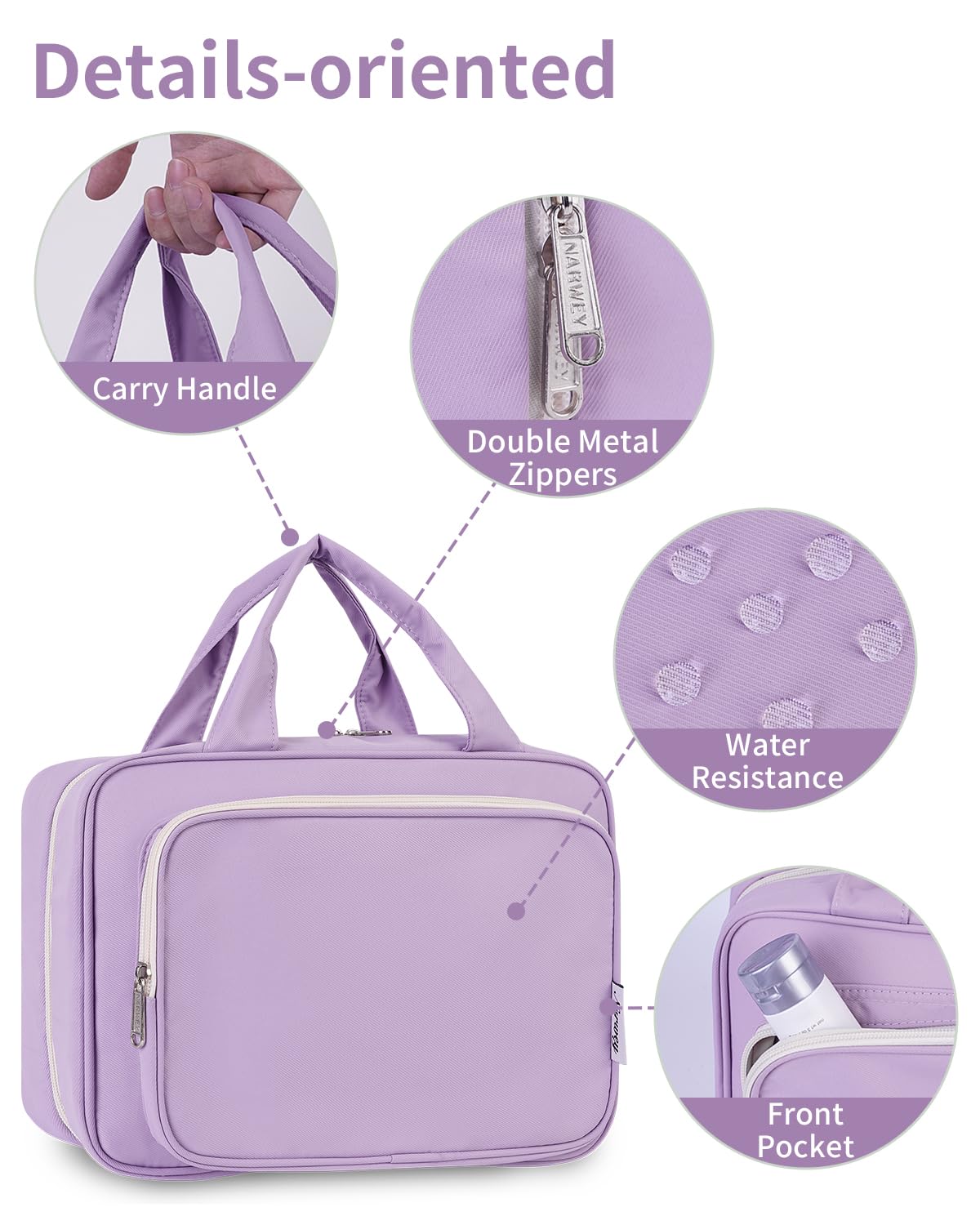Narwey Travel Toiletry Bag large purple on a bathroom counter