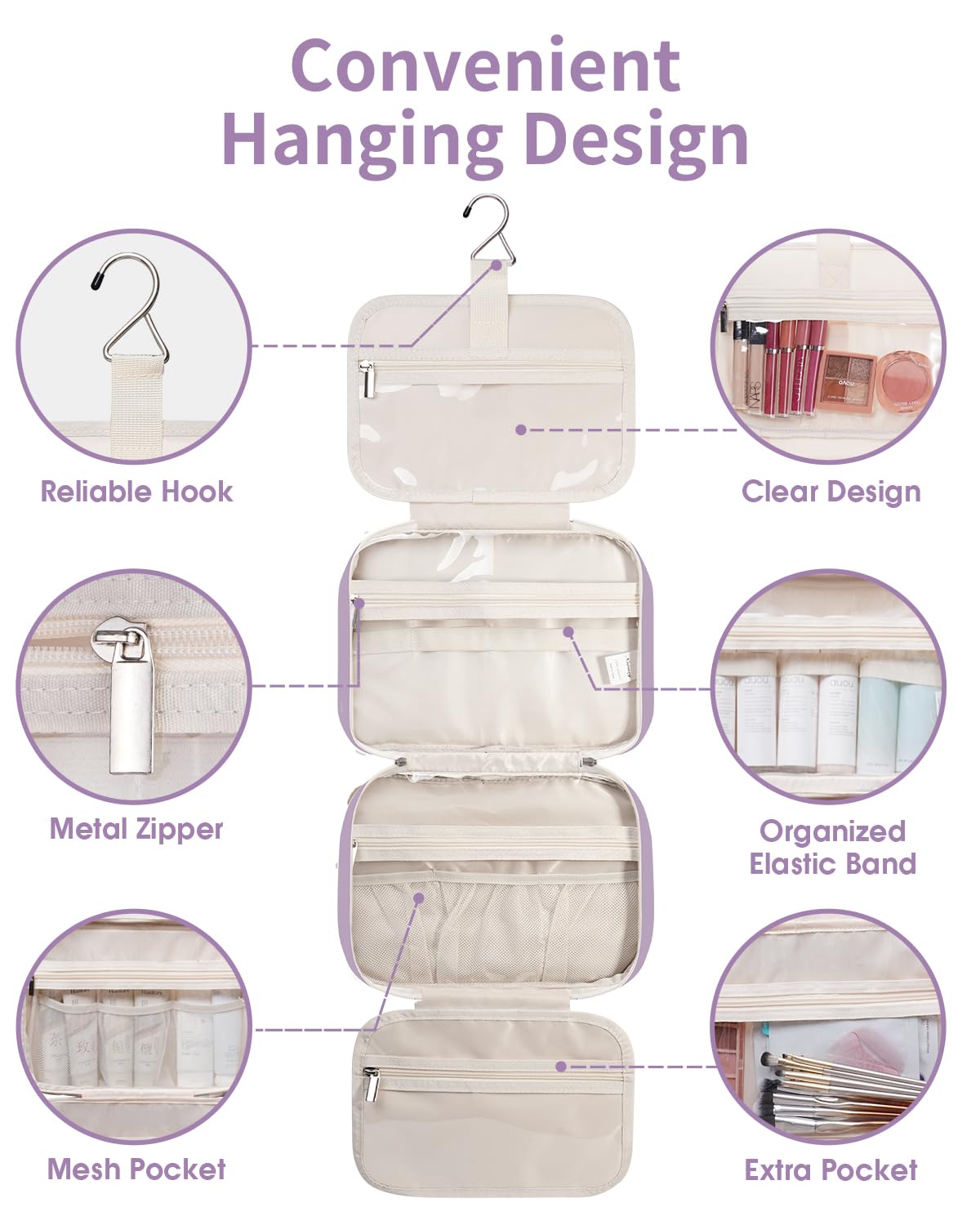 Narwey Travel Toiletry Bag large purple with mesh pockets