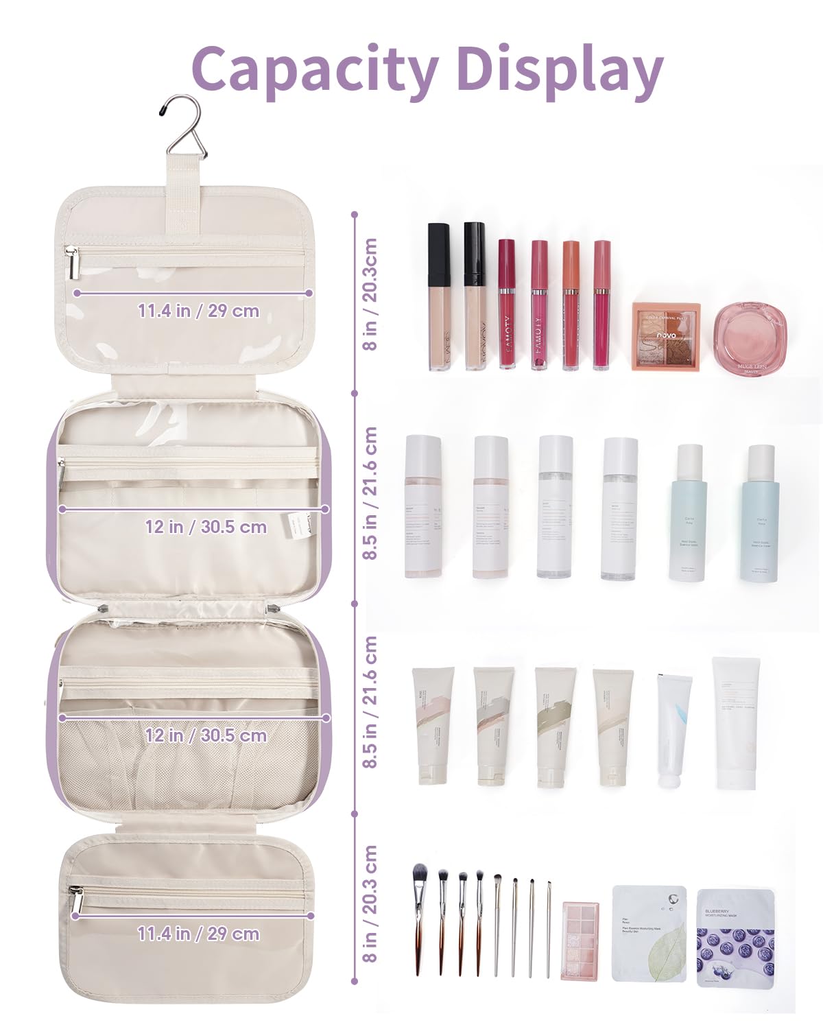 Narwey Travel Toiletry Bag large purple with toiletries inside