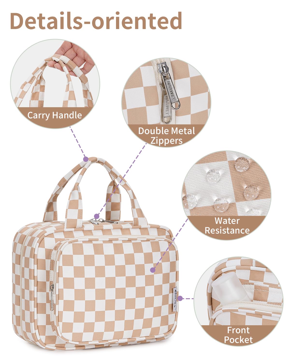 Narwey Travel Toiletry Bag lightweight design in light checkerboard pattern
