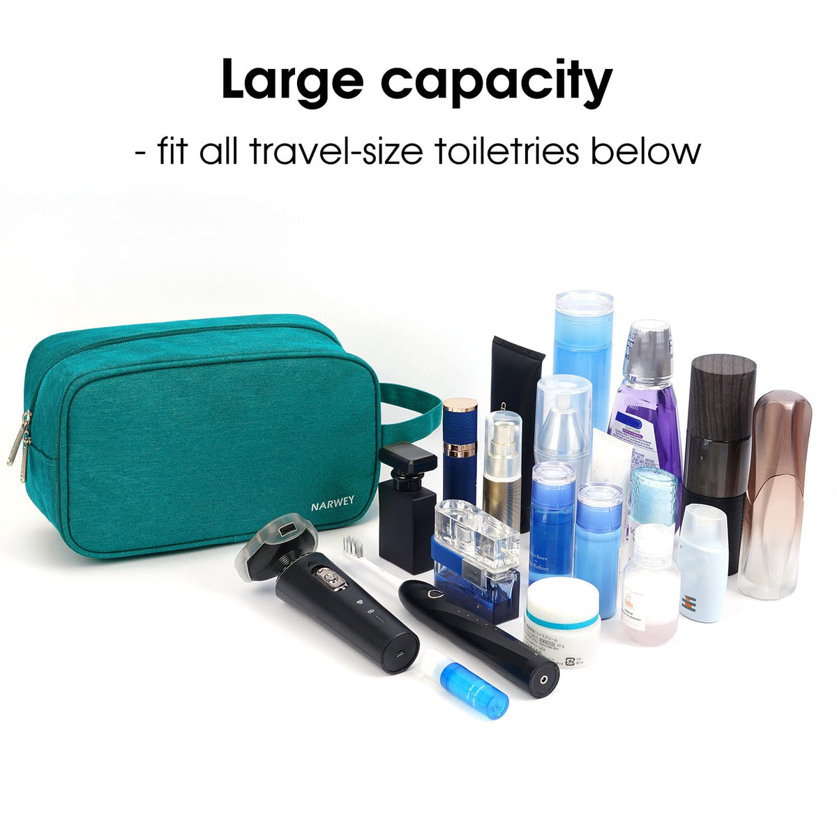Narwey Travel Toiletry Bag teal open with toiletries inside