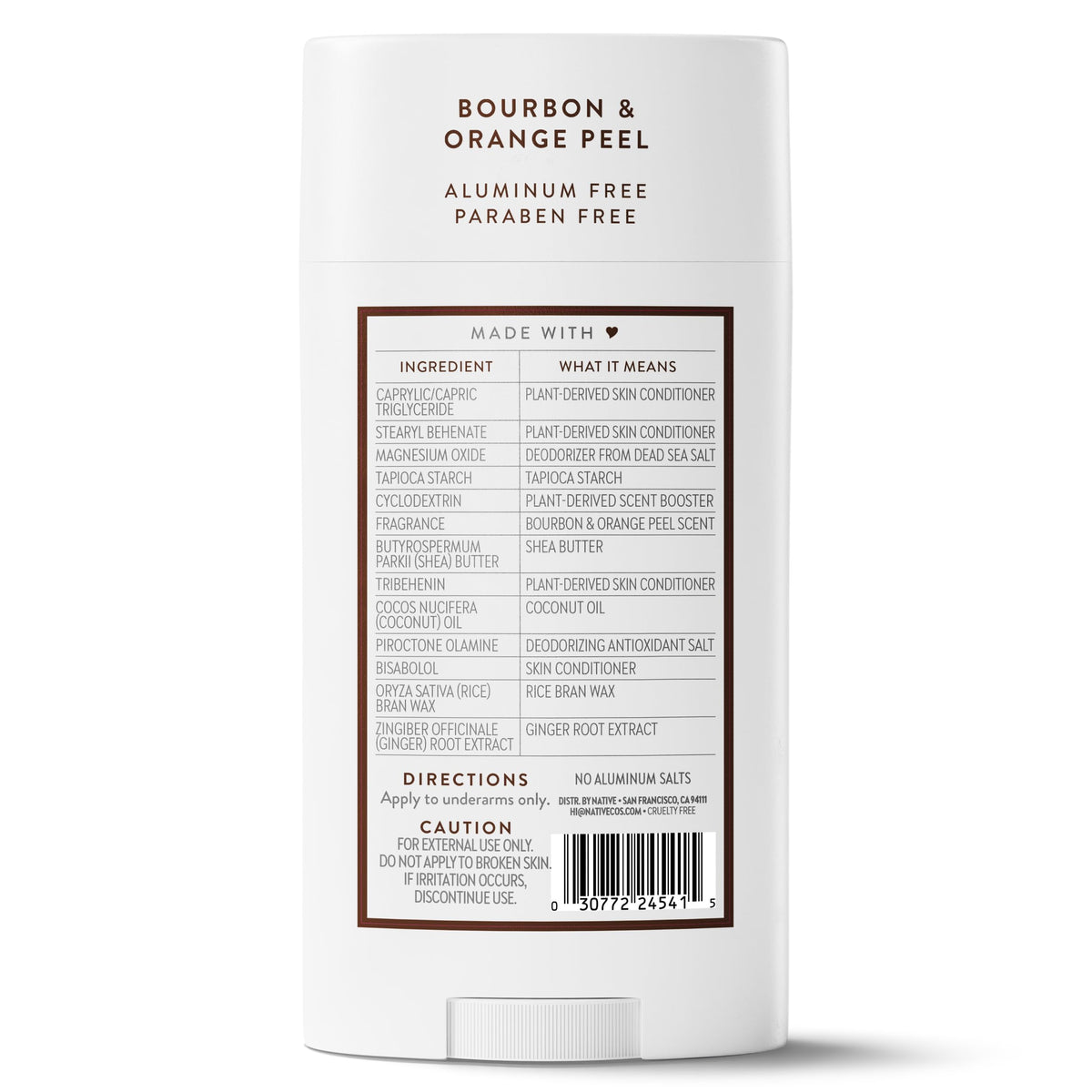 Native Aluminum Free Deodorant Bourbon & Orange Peel ingredients list