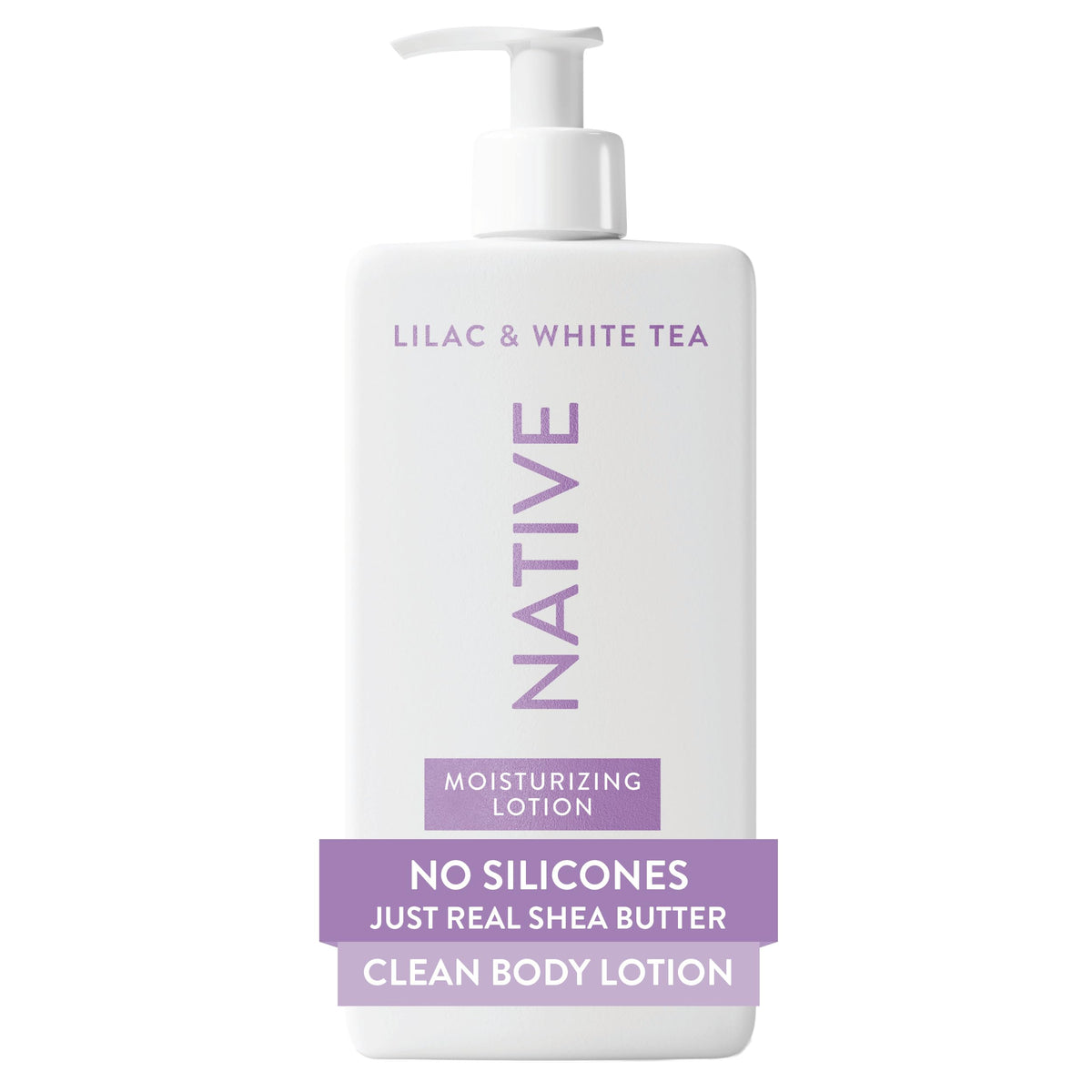 Native Body Lotion 16.5 fl oz front view with lilac and white tea scent
