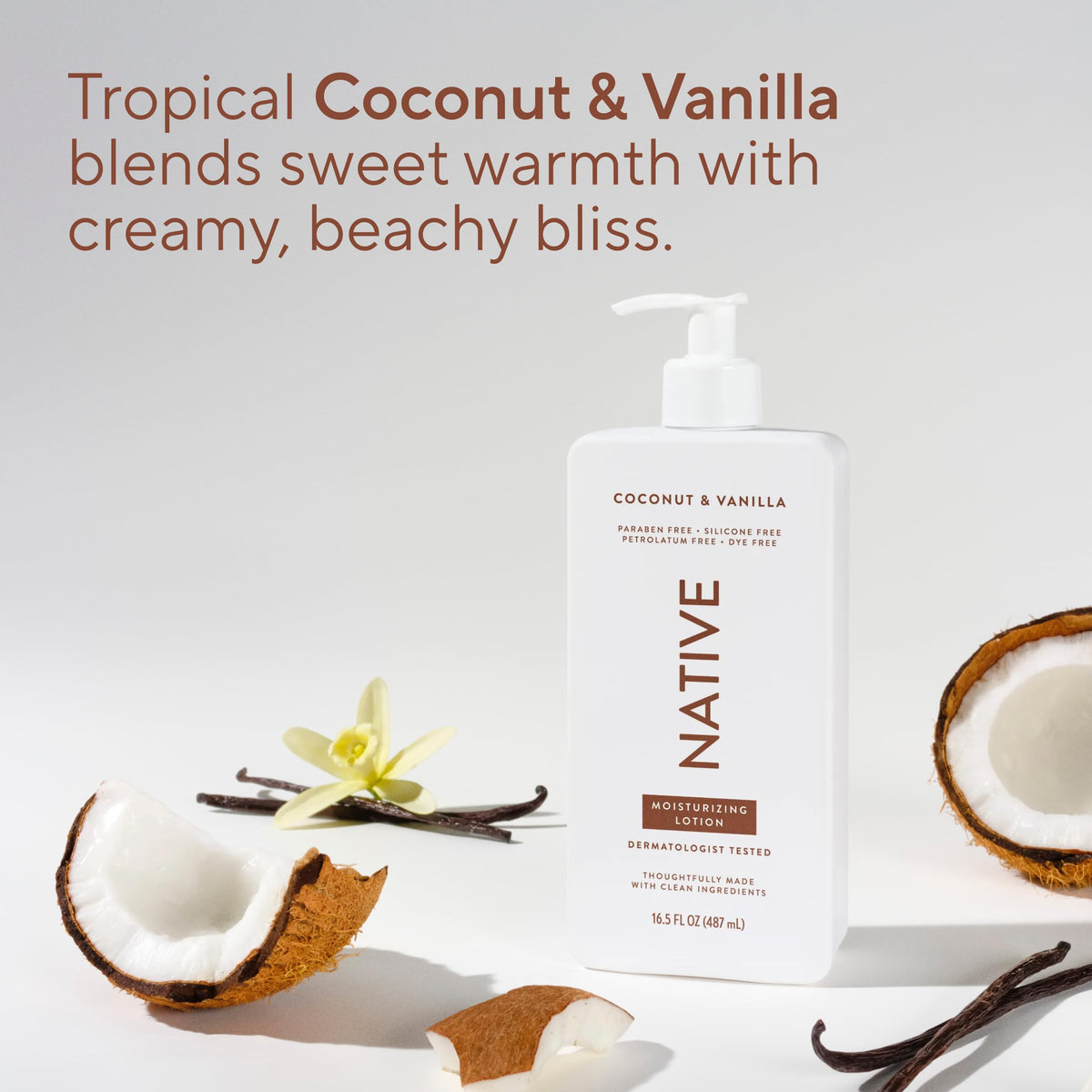Native Body Lotion Coconut & Vanilla lifestyle scene on bathroom counter