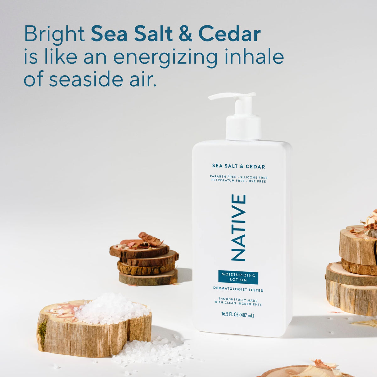 Native Body Lotion Sea Salt & Cedar bottle on a bathroom counter