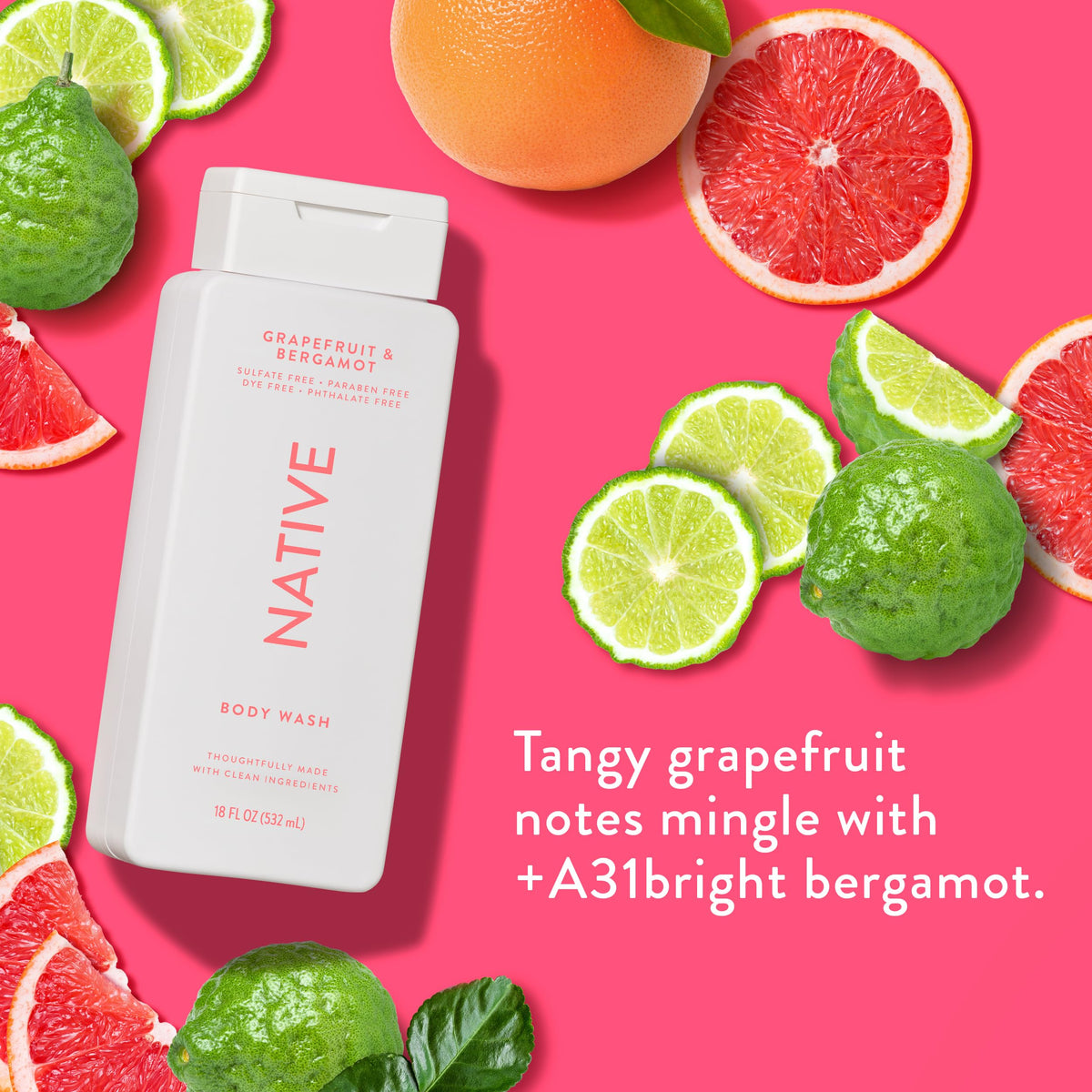 Native Body Wash Grapefruit & Bergamot 18 oz with coconut oil ingredients