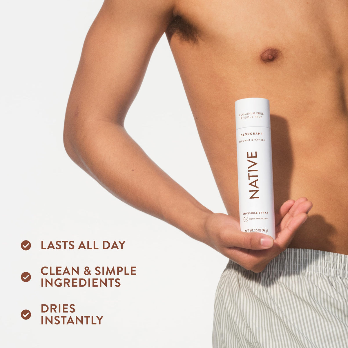 Native Deodorant & Body Spray Coconut & Vanilla on a bathroom shelf