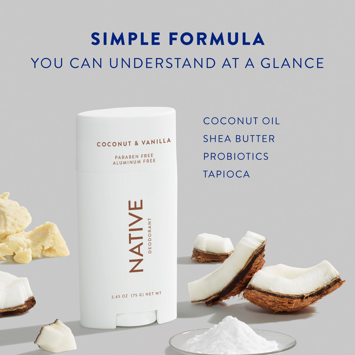 Native Deodorant packaging with natural ingredients backdrop