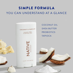 Native Deodorant packaging with natural ingredients backdrop