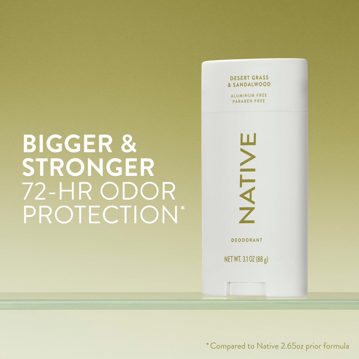 Native Deodorant stick showing the warm Desert Grass and Sandalwood scent