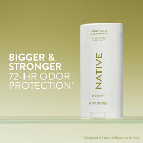 Native Deodorant stick showing the warm Desert Grass and Sandalwood scent