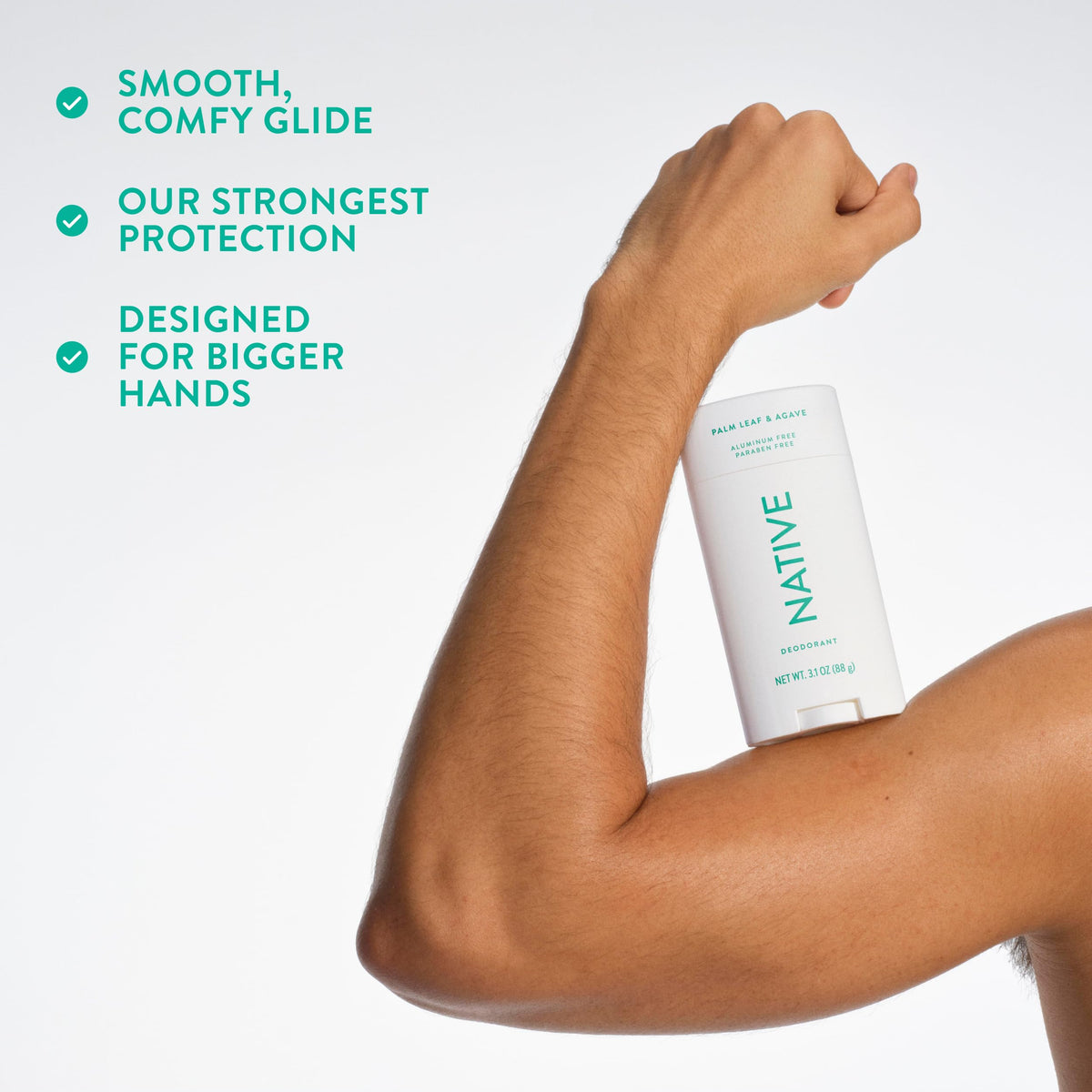 Native deodorant stick with dimensions and weight displayed