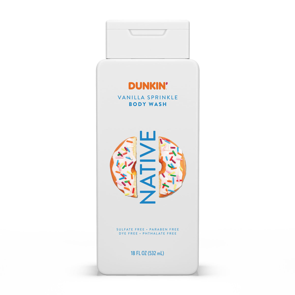 Native Dunkin Vanilla Sprinkle Body Wash front view, 18 oz