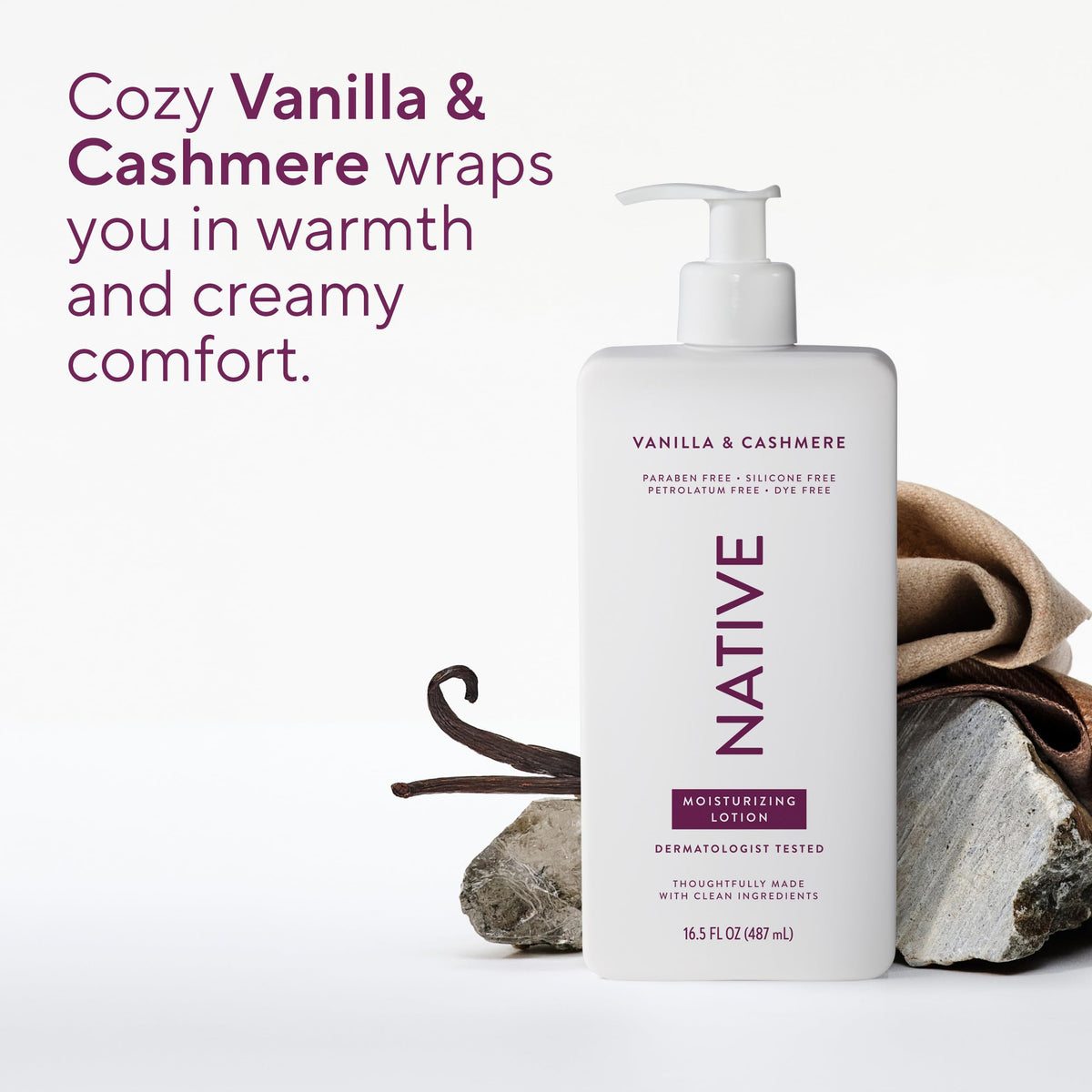 Native lotion with vanilla and cashmere scent ingredients