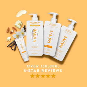 Native Moisturizing Body Wash 18 oz packaging on a bathroom shelf
