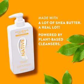 Native Moisturizing Body Wash 18 oz with a soft towel and flowers