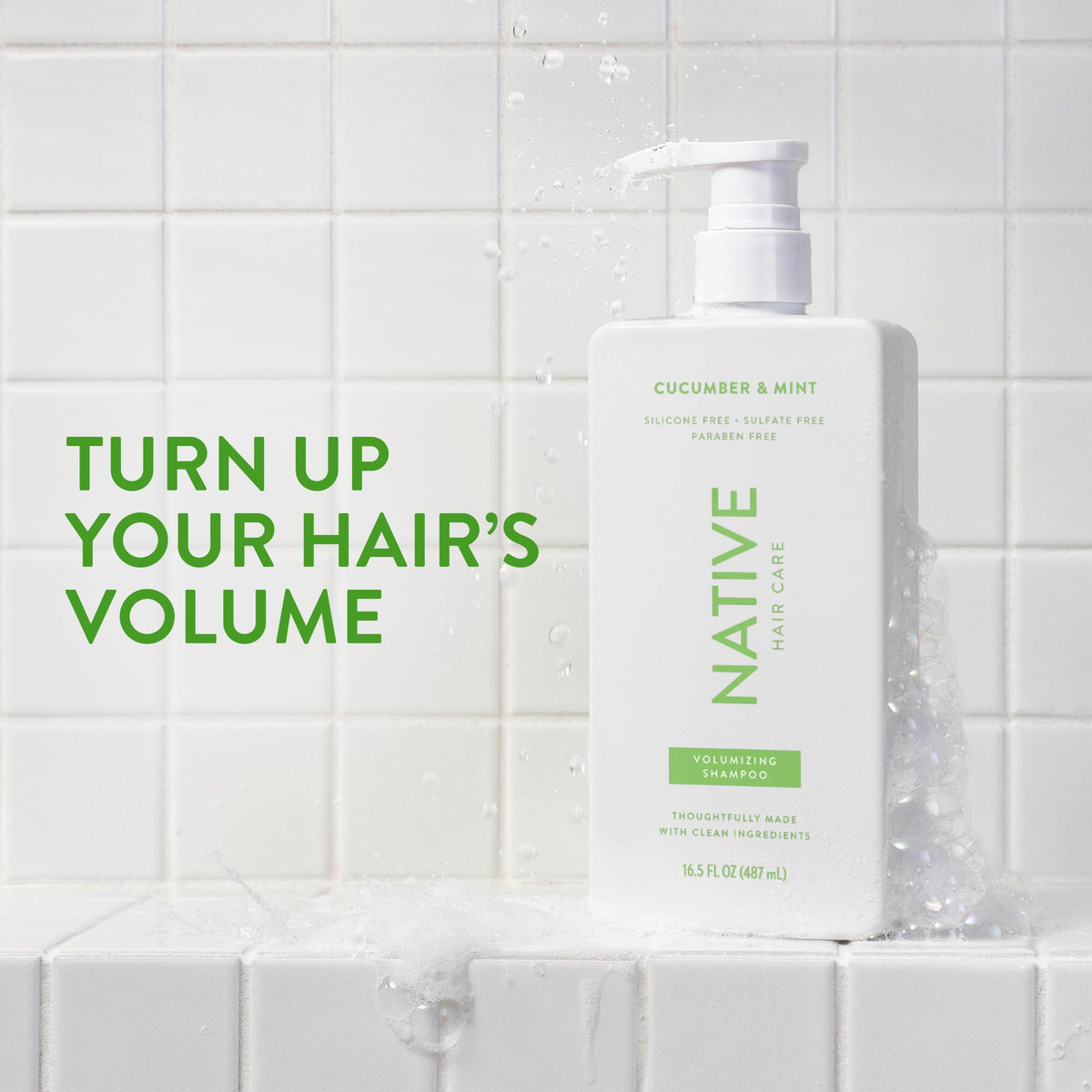 Native Shampoo bottle with Cucumber & Mint label