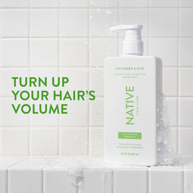 Native Shampoo bottle with Cucumber & Mint label