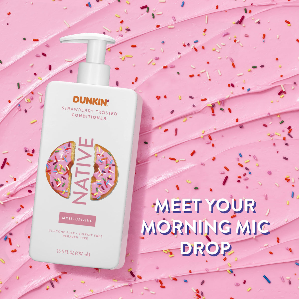 Native Strawberry Frosted Conditioner packaging with Dunkin' branding