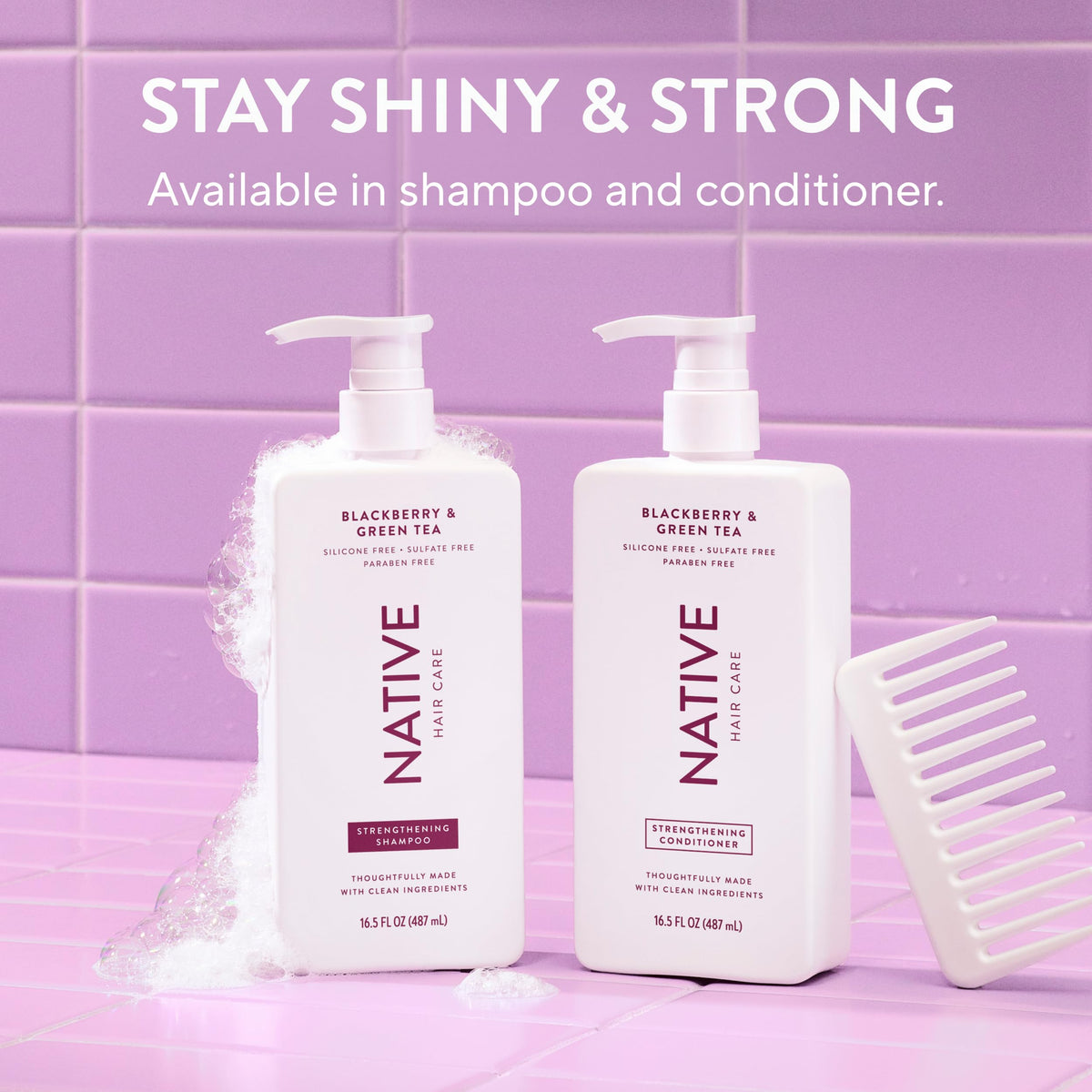 Native Strengthening Shampoo on a wooden shelf