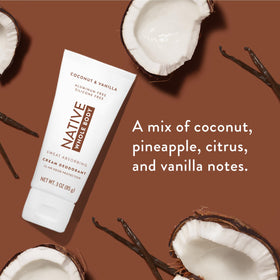 Native Whole Body Deodorant Cream Coconut & Vanilla on a bathroom shelf