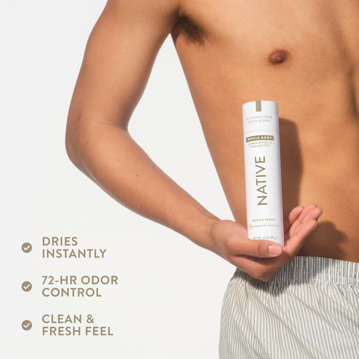 Native Whole Body Deodorant Spray with sandalwood and shea butter scent description