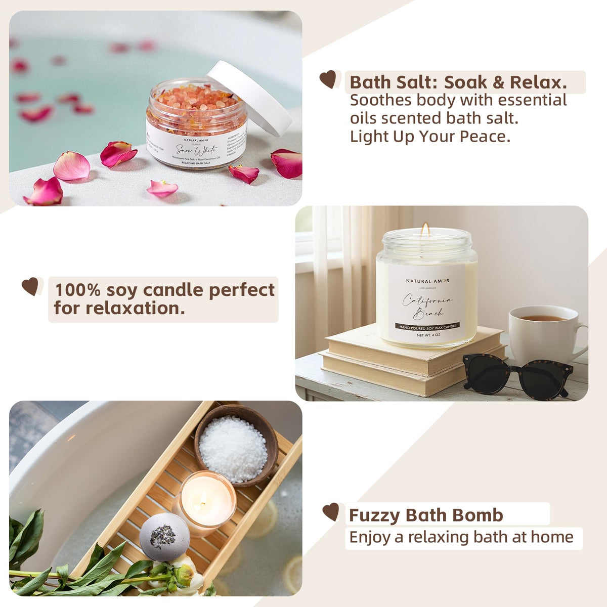 NATURAL AMOR Spa Gift Set contents laid out on a wooden surface