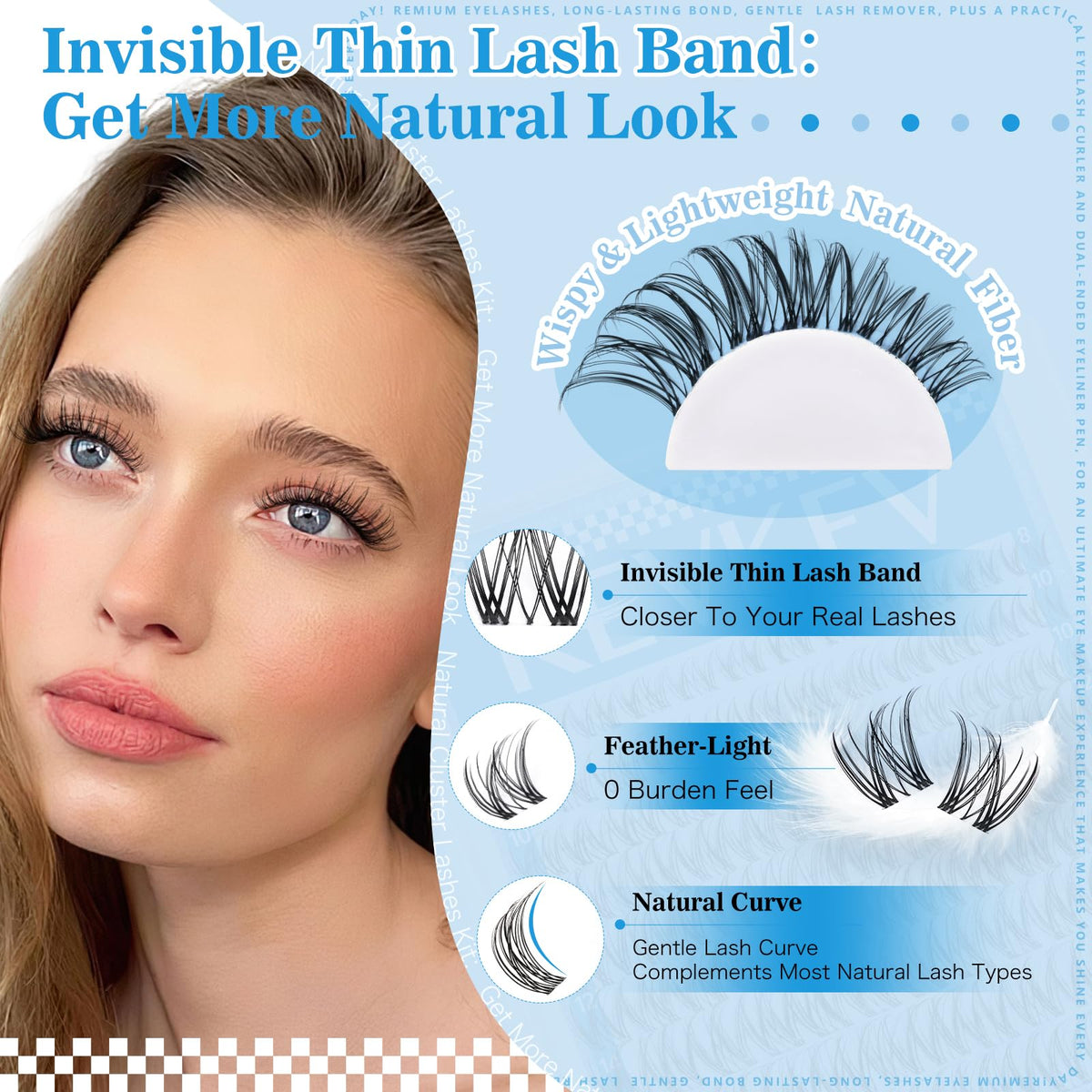 Natural look achieved with KevKev Wispy Lash Clusters on model