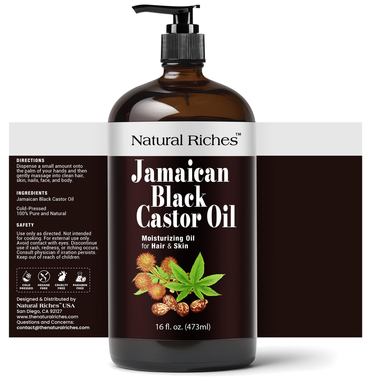 Natural Riches Jamaican Black Castor Oil 16 fl oz glass bottle side view